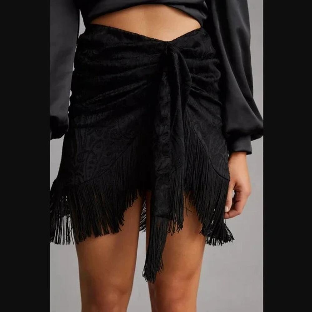 New Anthropologie Skirt 4 Black Brocade Fringe Mini Tassel Whimsigoth Punk